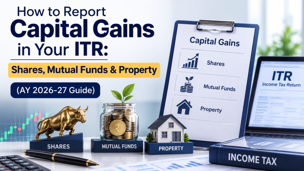How to Report Capital Gains in Your ITR: Shares, Mutual Funds & Property (AY 2026-27 Guide) How to Report Capital Gains in Your ITR: Shares, Mutual Funds & Property (AY 2026-27 Guide)