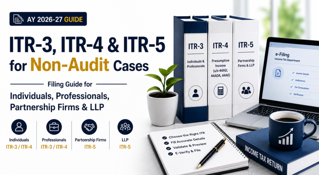 ITR-3, ITR-4 & ITR-5 for Non-Audit Cases (AY 2026-27): Filing Guide for Individuals, Professionals, Partnership Firms & LLPs – 31 August Deadline ITR-3, ITR-4 & ITR-5 for Non-Audit Cases (AY 2026-27): Filing Guide for Individuals, Professionals, Partnership Firms & LLPs – 31 August Deadline