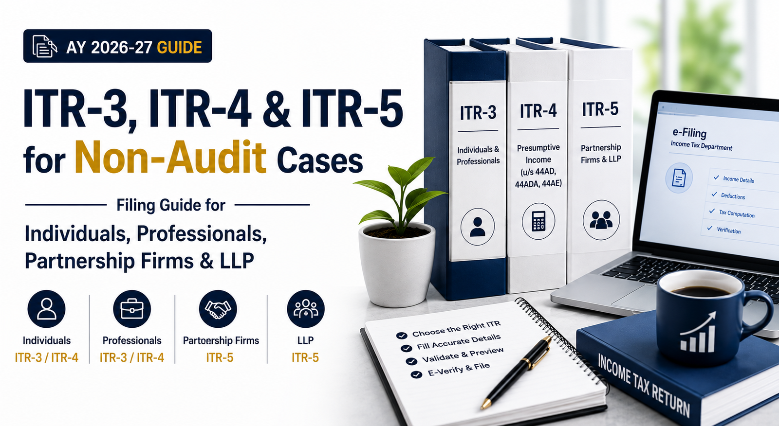 ITR-3, ITR-4 & ITR-5 for Non-Audit Cases (AY 2026-27): Filing Guide for Individuals, Professionals, Partnership Firms & LLPs – 31 August Deadline