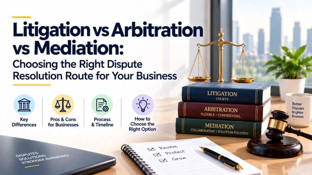 Litigation vs Arbitration vs Mediation: How to Choose the Right Route for Your Business in India Litigation vs Arbitration vs Mediation: How to Choose the Right Route for Your Business in India